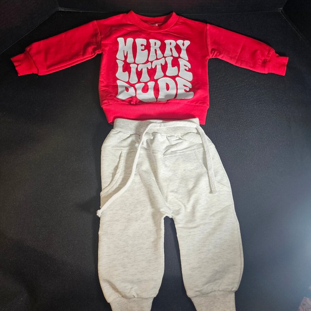 Boys Christmas Theme Two Piece Merry Little Dude Outfit Set Size 3-6 Months NEW
